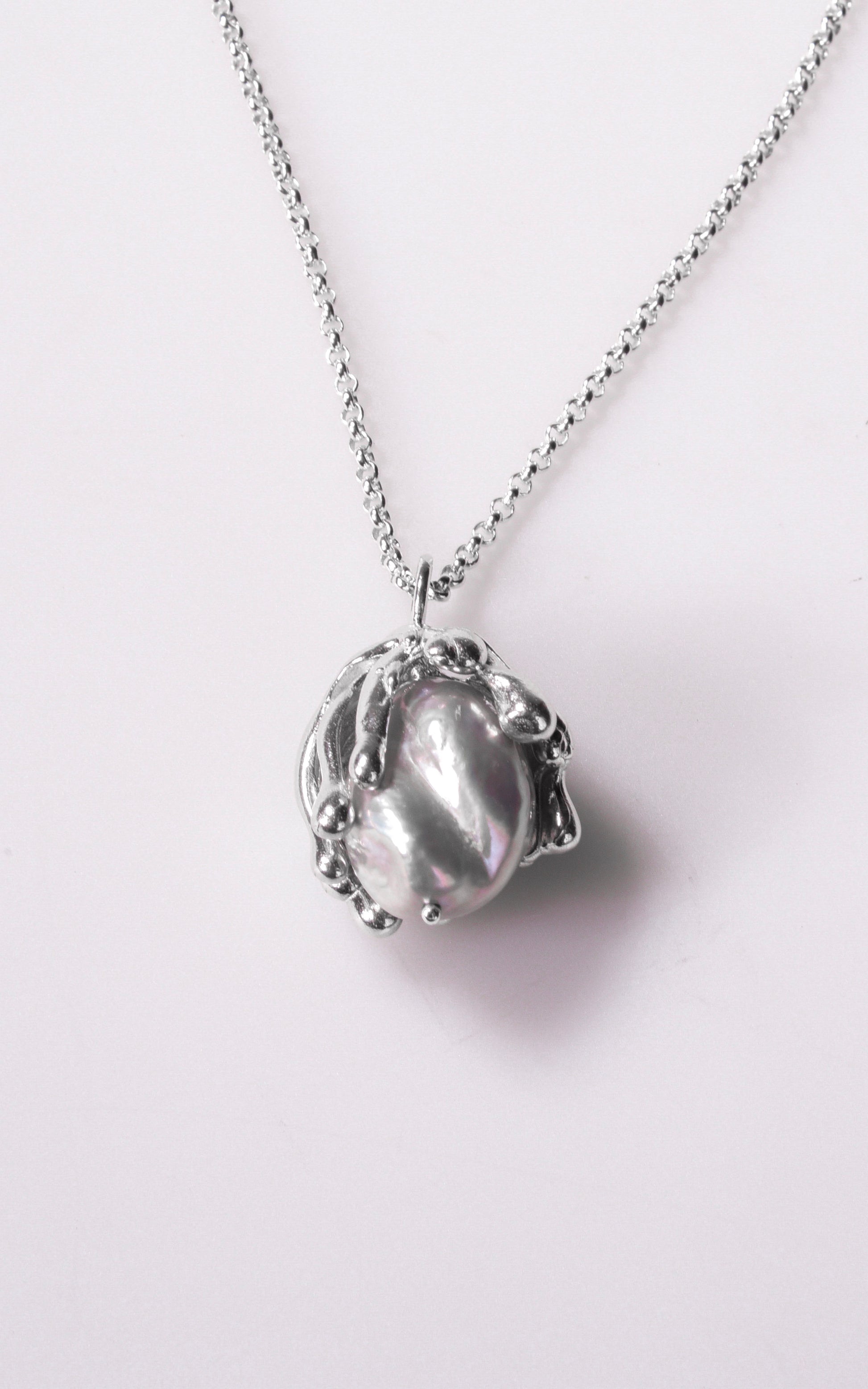 Organic sea inspired handmade sterling silver pendant with baroque pearl