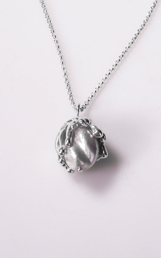 Organic sea inspired handmade sterling silver pendant with baroque pearl